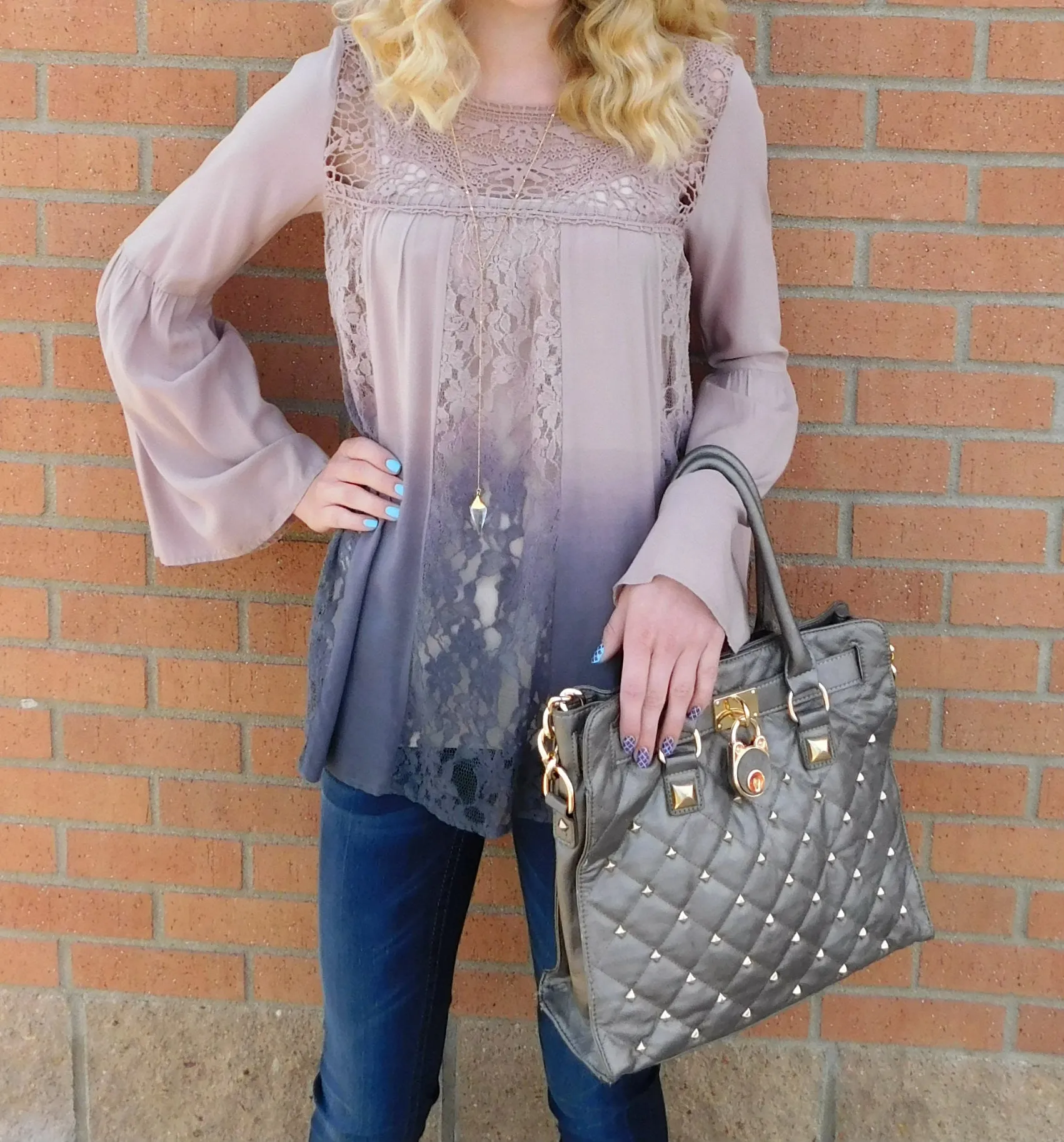 Blu Pepper | Flare Sleeve Lace Detail Ombre Top