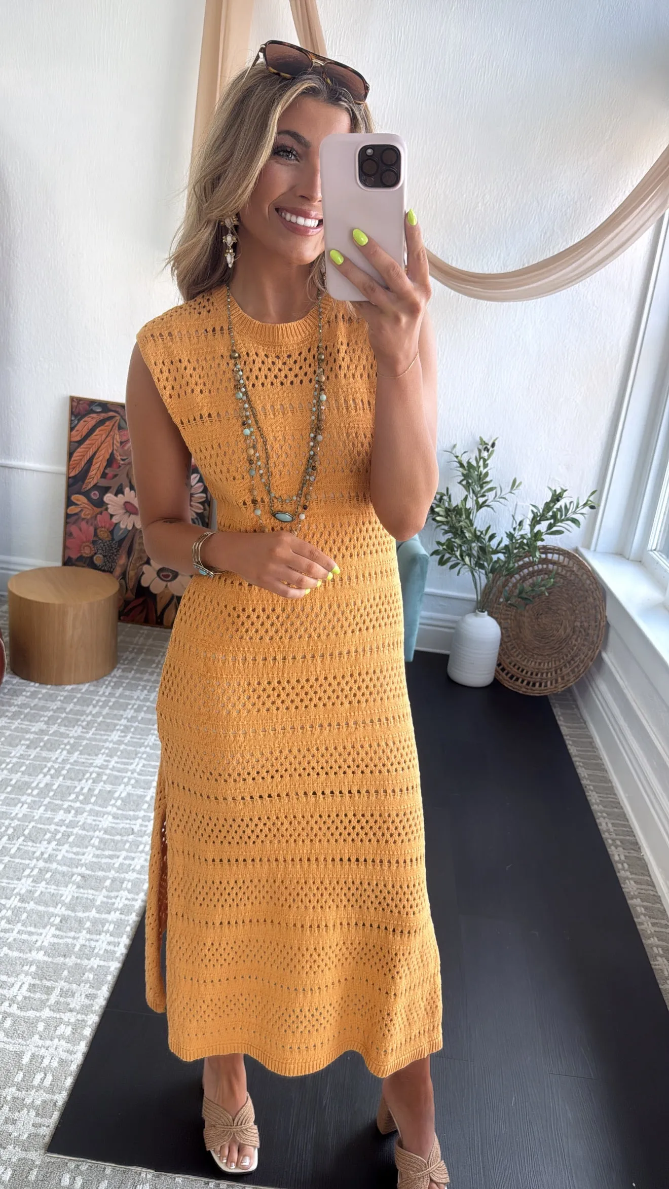 BY TOGETHER: Sundown Reverie Crochet Dress, Dusty Mustard