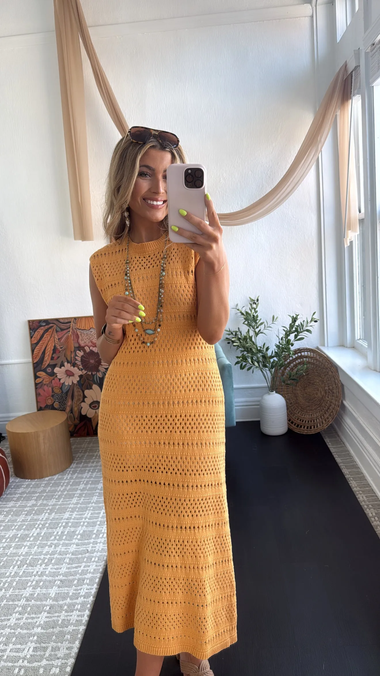 BY TOGETHER: Sundown Reverie Crochet Dress, Dusty Mustard