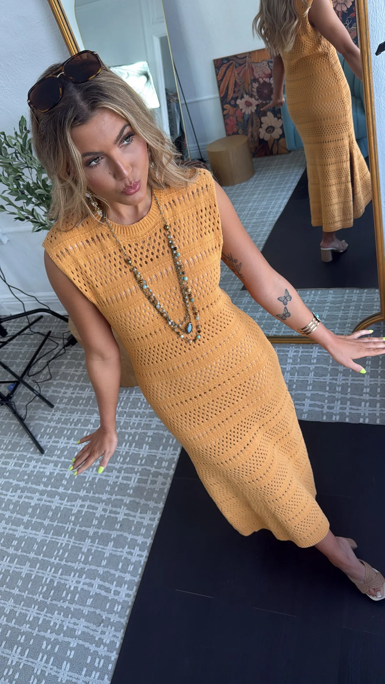 BY TOGETHER: Sundown Reverie Crochet Dress, Dusty Mustard