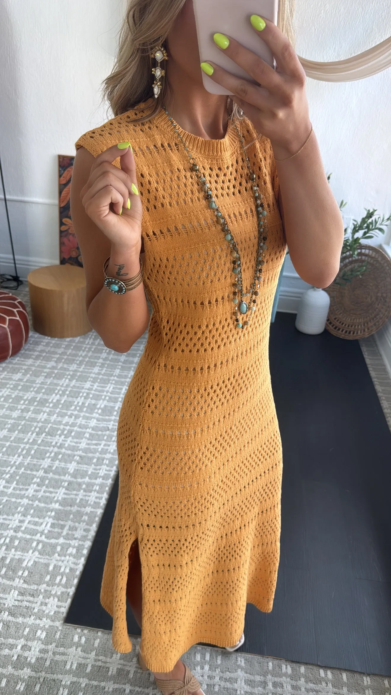 BY TOGETHER: Sundown Reverie Crochet Dress, Dusty Mustard