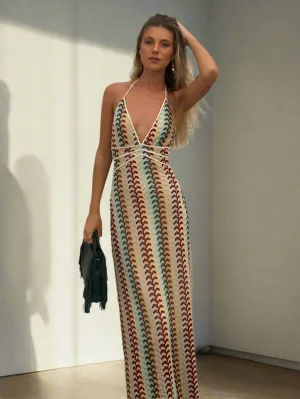 Deep V-Neck Multicolor Maxi Dress