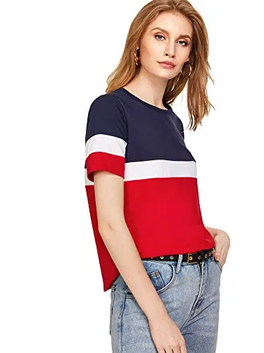 FreshTrend Women's T-Shirt (GT03_BluWhtRed_S_Multicolored_Small)