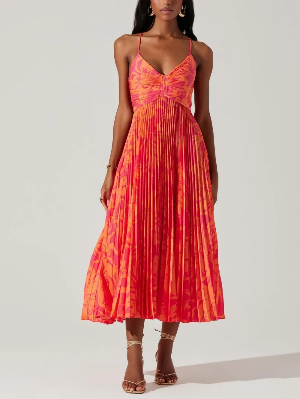 Maxime - Elegant Floral Print Pleats Midi Dress