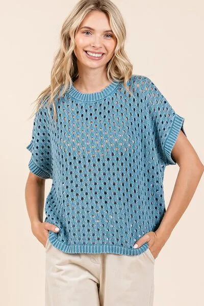 Mittoshop Mineral Wash Openwork Short Sleeve Knit Cover Up