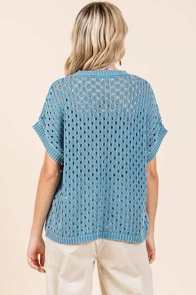 Mittoshop Mineral Wash Openwork Short Sleeve Knit Cover Up