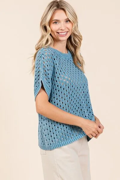 Mittoshop Mineral Wash Openwork Short Sleeve Knit Cover Up