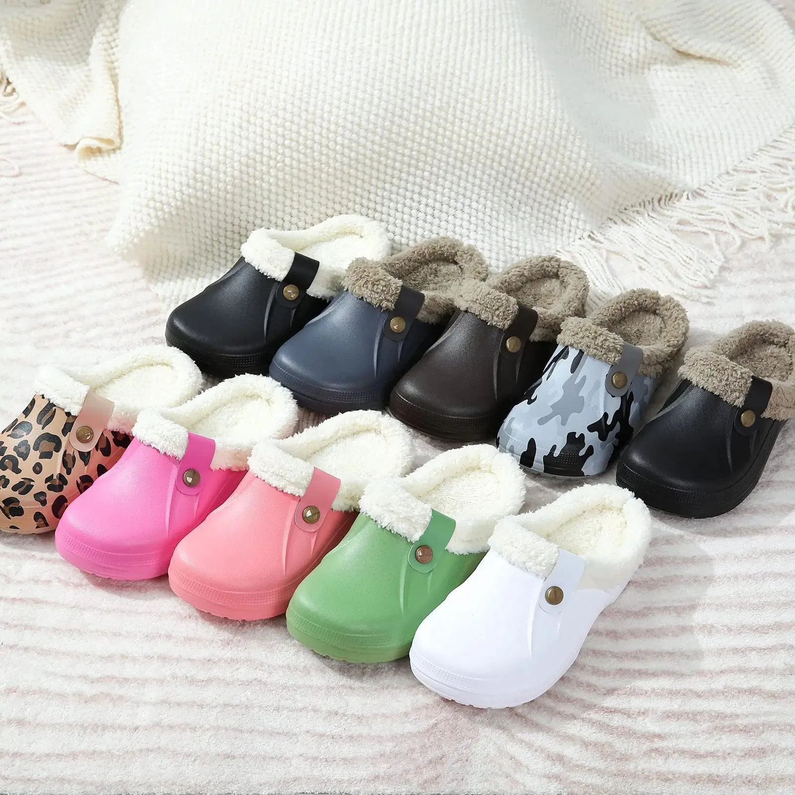 Shevalues Plush Fur Clogs Slippers For Women Men Winter Soft Furry Slippers Waterproof Garden Shoes Multi-Use Indoor Home Shoes