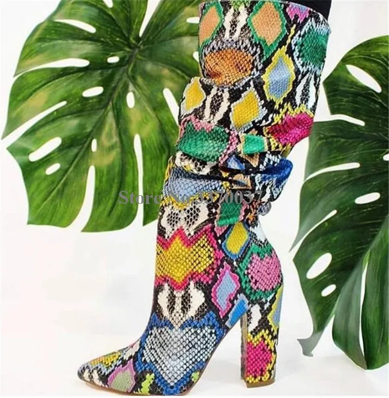 Women Charming Pointed Toe Mixed-colors Snakeskin Chunky Heel Knee High Boots