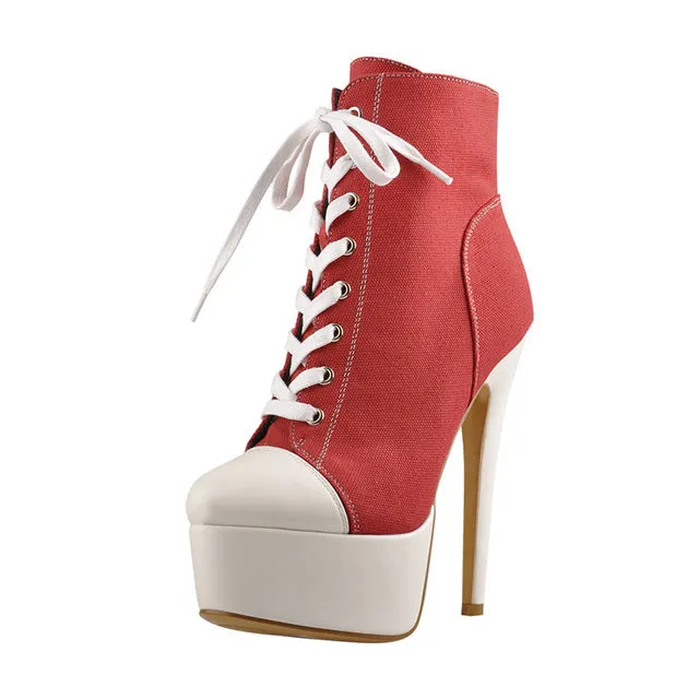 Women's  Canvas Ankle  Boot  Shoes 16cm High Heel  Lace up Ankle boots Pumps Zipper  Stiletto Shoes Plus Size US5~US15
