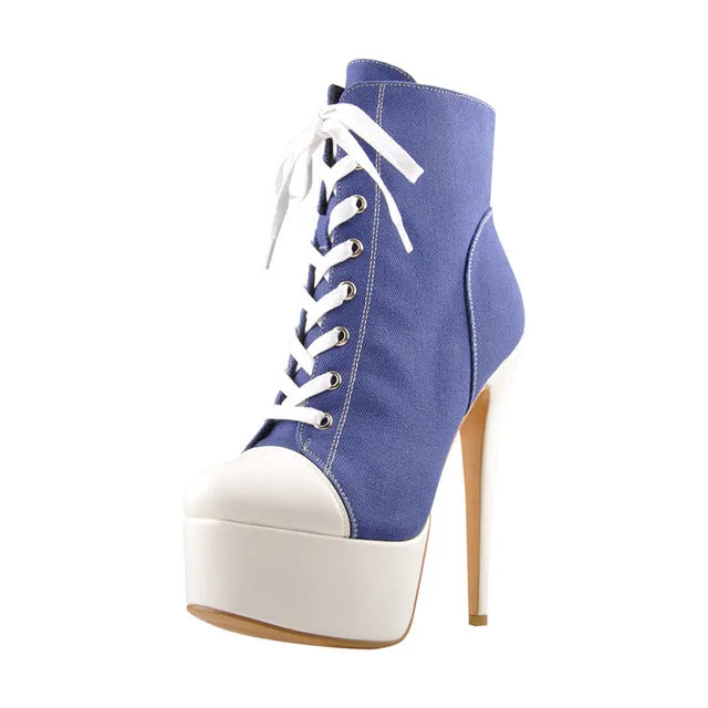 Women's  Canvas Ankle  Boot  Shoes 16cm High Heel  Lace up Ankle boots Pumps Zipper  Stiletto Shoes Plus Size US5~US15