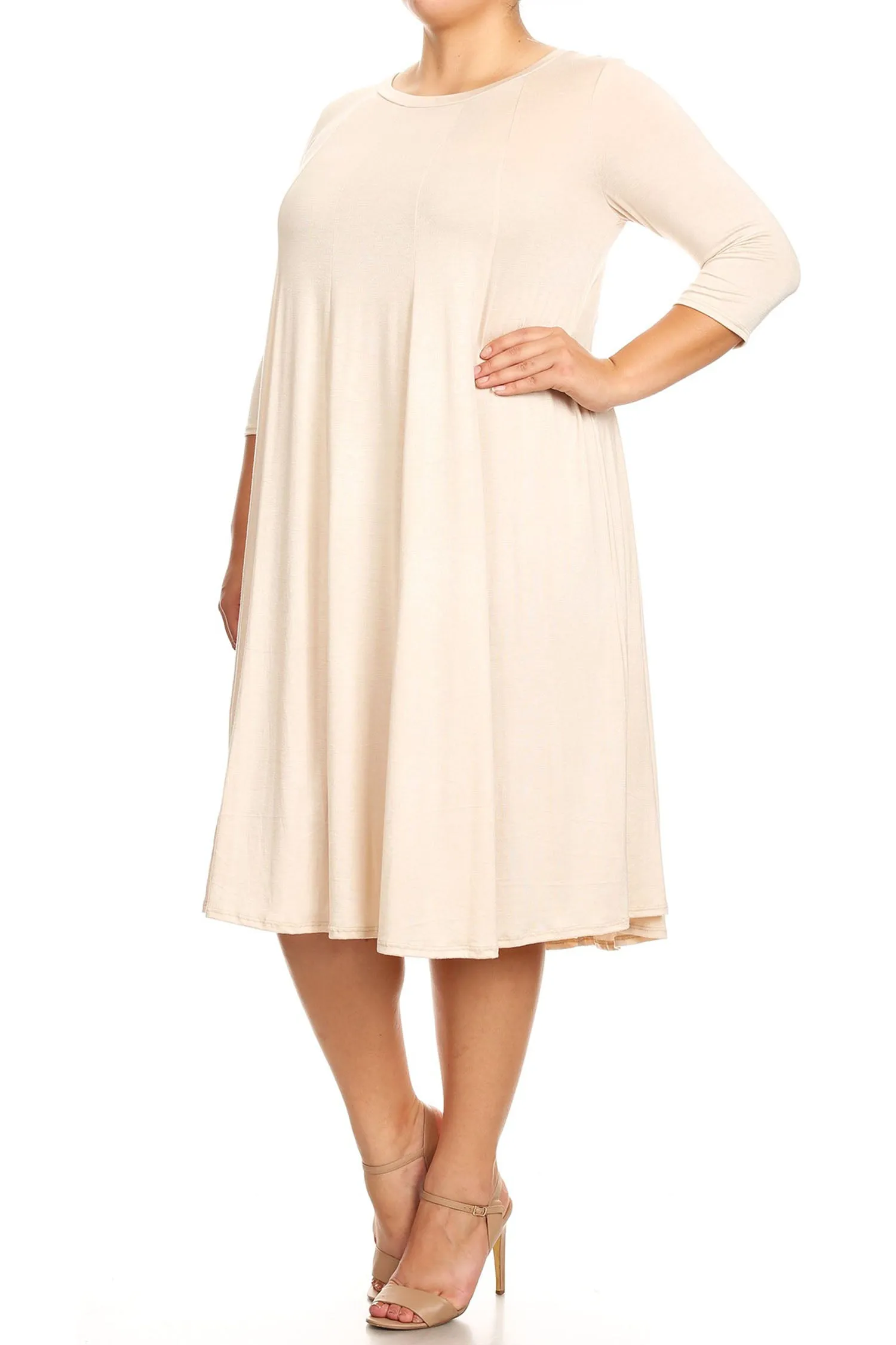 Women's Plus Size Casual 3/4 Sleeves Basic A-Line Pleated Solid Midi Dress