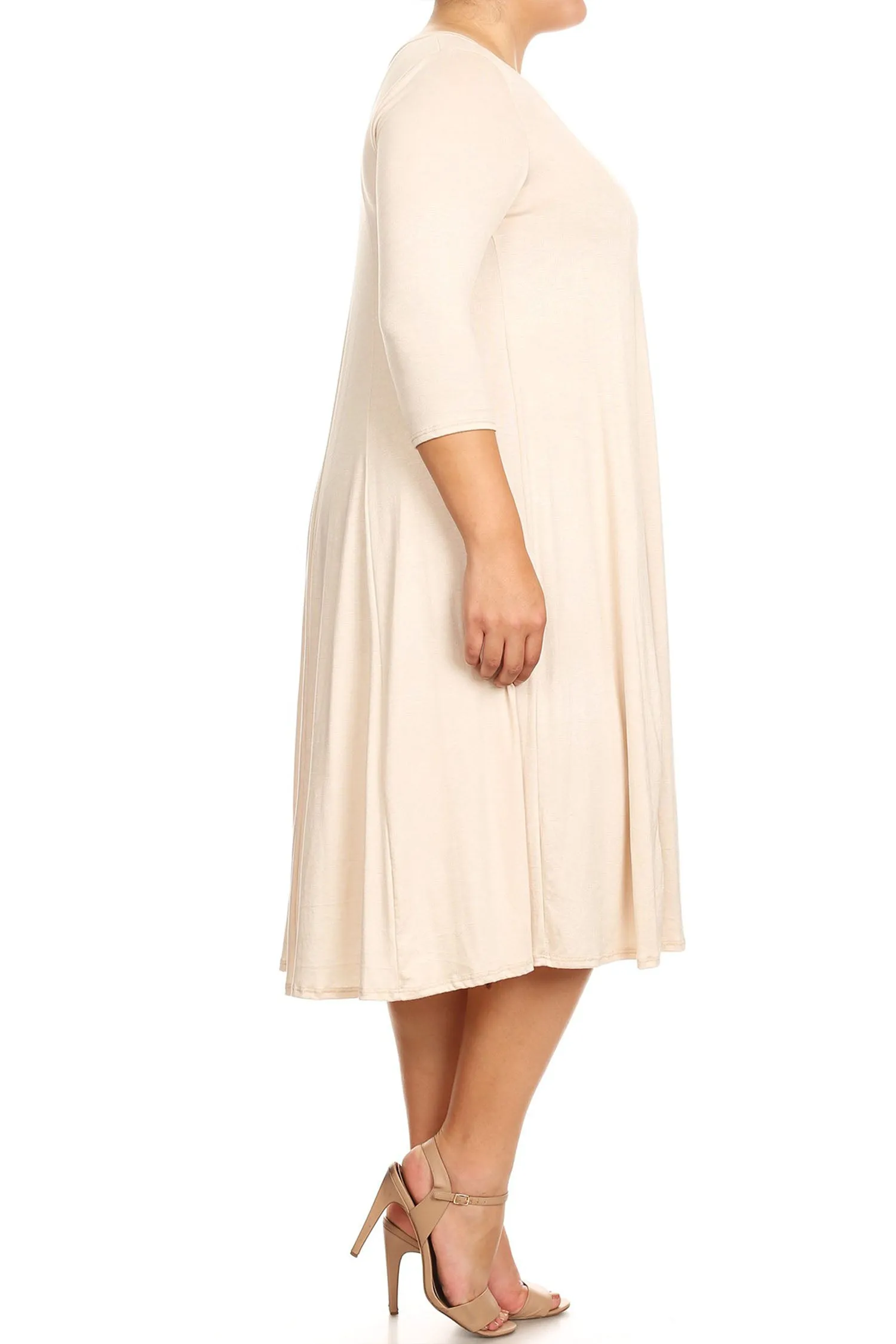 Women's Plus Size Casual 3/4 Sleeves Basic A-Line Pleated Solid Midi Dress